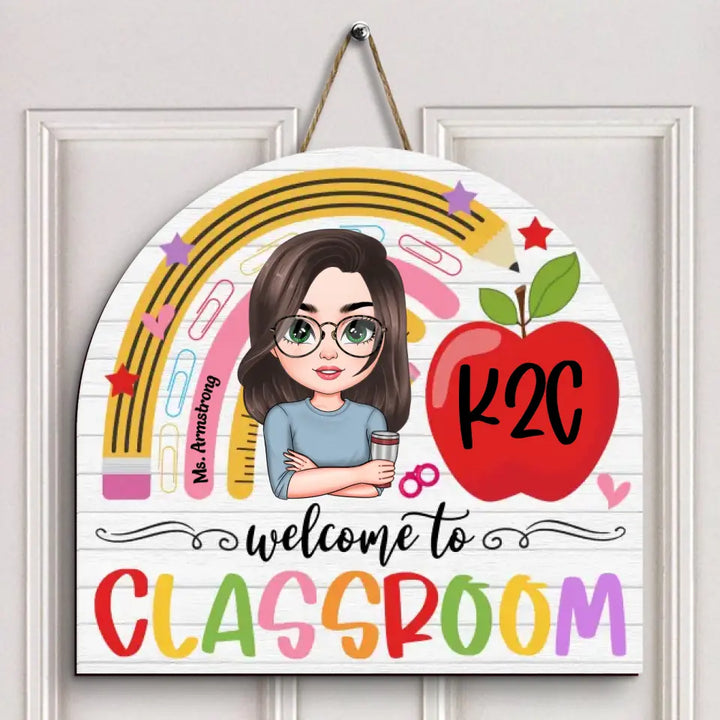 Personalized Custom Door Sign - Teacher's Day, Appreciation Gift For Teacher - Teacher Rainbow Apple Door Sign