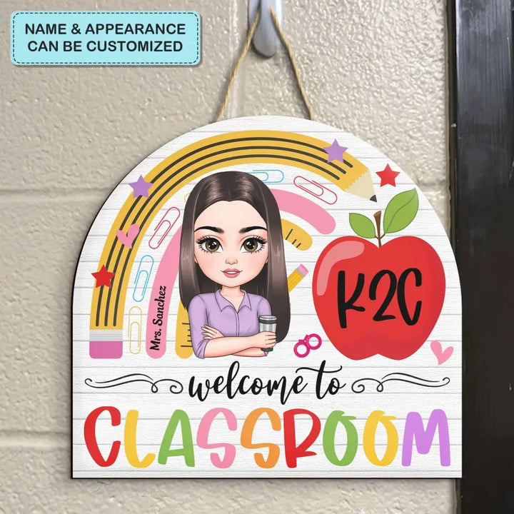 Personalized Custom Door Sign - Teacher's Day, Appreciation Gift For Teacher - Teacher Rainbow Apple Door Sign