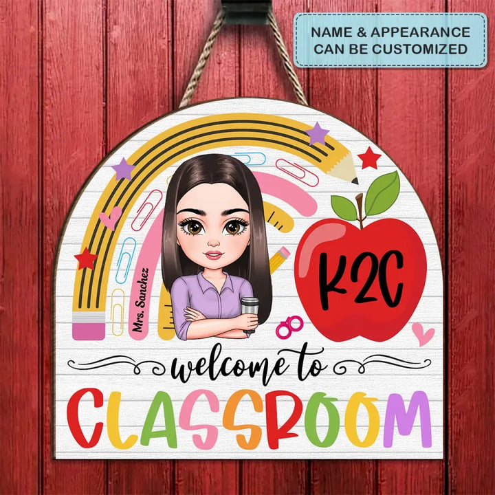 Personalized Custom Door Sign - Teacher's Day, Appreciation Gift For Teacher - Teacher Rainbow Apple Door Sign