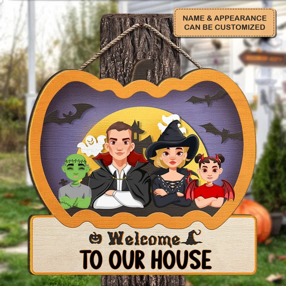 Welcome To Our House Halloween - Personalized Custom Door Sign - Halloween Gift For Mom, Dad, Family Member