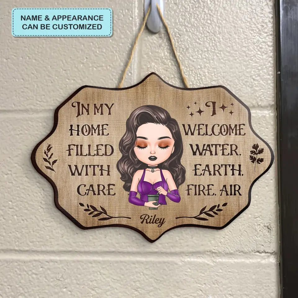 Personalized Custom Door Sign - Halloween Gift For Wiccan - I Welcome Water, Earth, Fire, Air