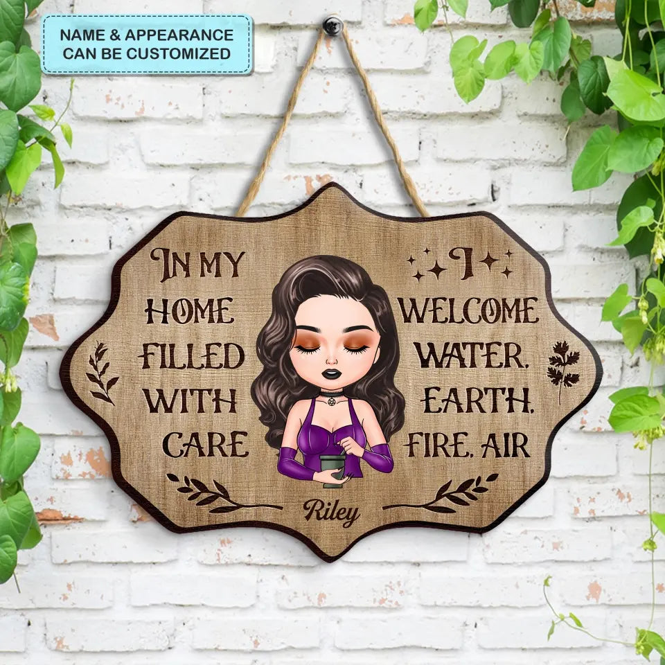 Personalized Custom Door Sign - Halloween Gift For Wiccan - I Welcome Water, Earth, Fire, Air