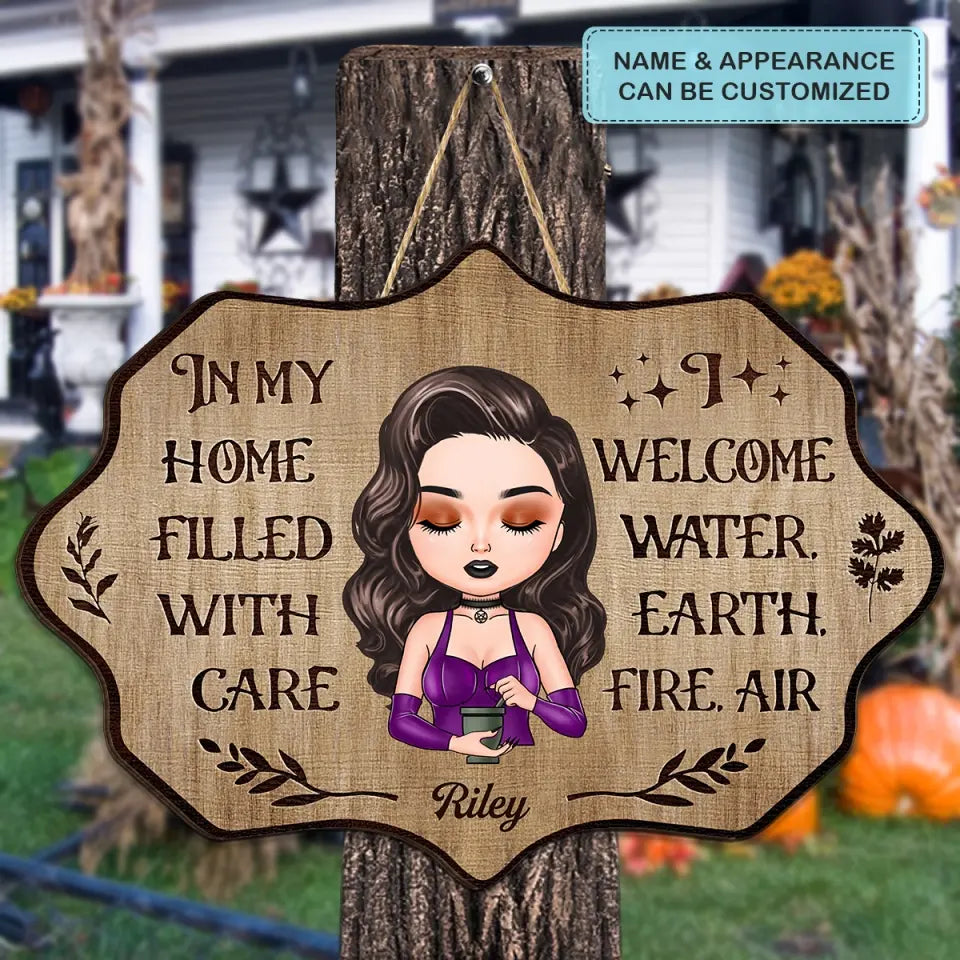 Personalized Custom Door Sign - Halloween Gift For Wiccan - I Welcome Water, Earth, Fire, Air