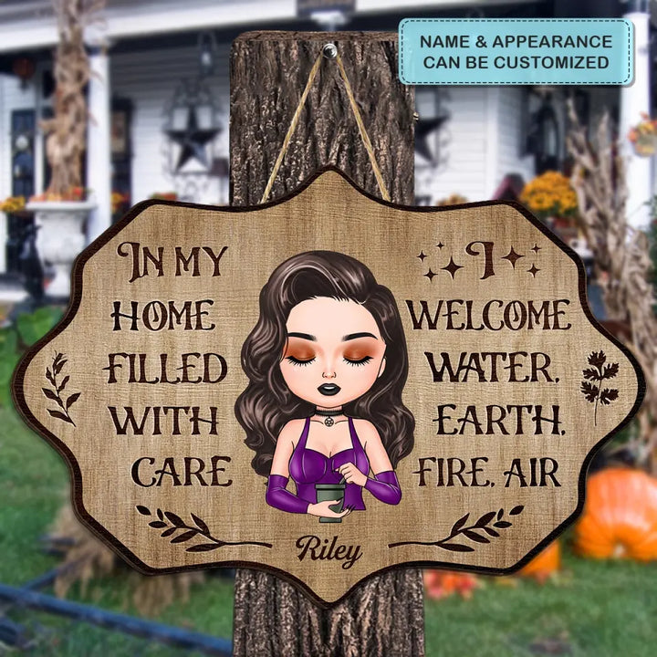 Personalized Custom Door Sign - Halloween Gift For Wiccan - I Welcome Water, Earth, Fire, Air
