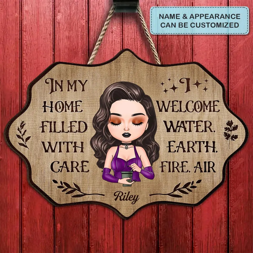 Personalized Custom Door Sign - Halloween Gift For Wiccan - I Welcome Water, Earth, Fire, Air