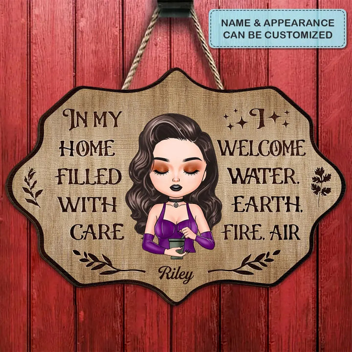 Personalized Custom Door Sign - Halloween Gift For Wiccan - I Welcome Water, Earth, Fire, Air