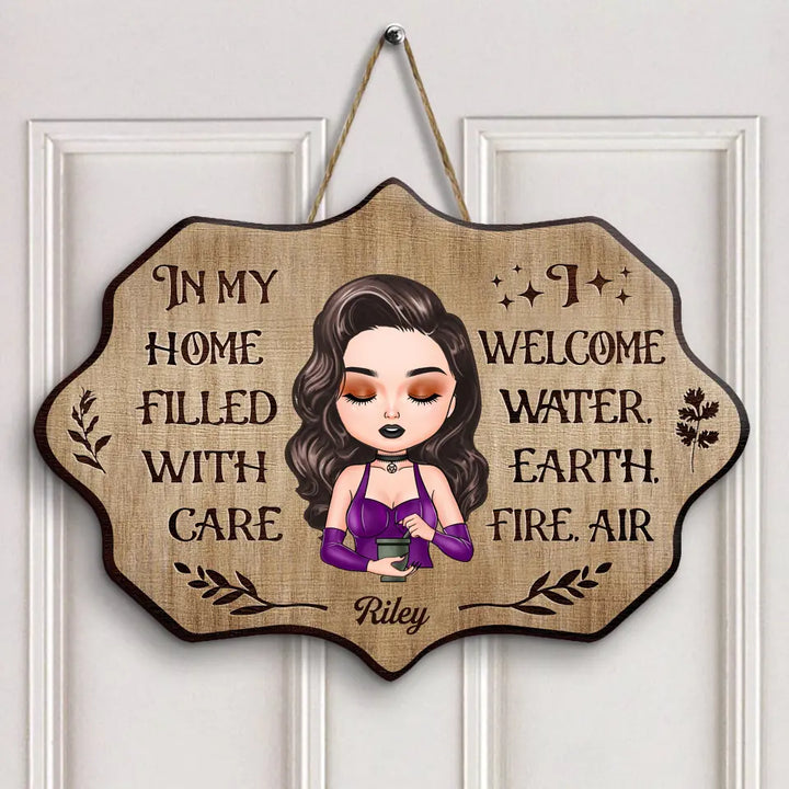 Personalized Custom Door Sign - Halloween Gift For Wiccan - I Welcome Water, Earth, Fire, Air