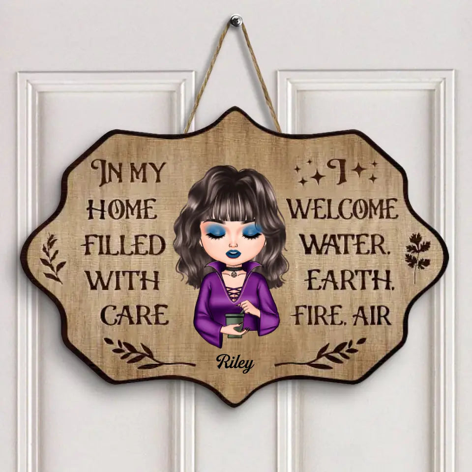Personalized Custom Door Sign - Halloween Gift For Wiccan - I Welcome Water, Earth, Fire, Air