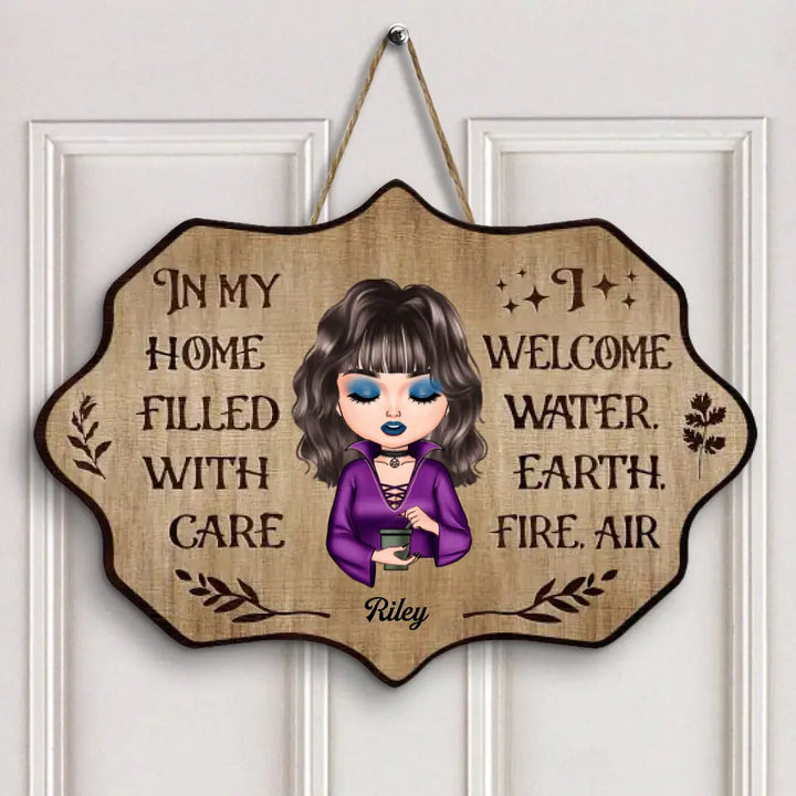 Personalized Custom Door Sign - Halloween Gift For Wiccan - I Welcome Water, Earth, Fire, Air