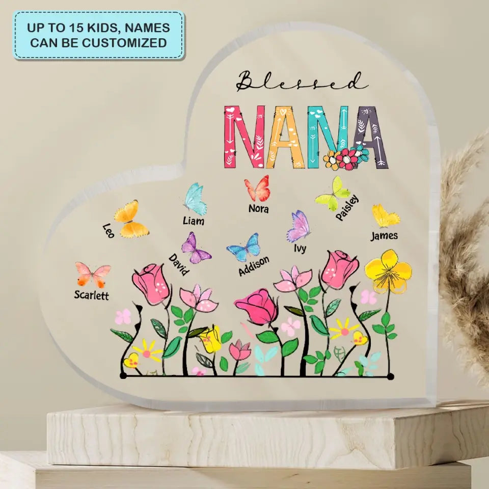 Personalized Custom Heart-shaped Acrylic Plaque - Mother's Day, Birthday Gift For Grandma - Blessed Grandma Butterfly