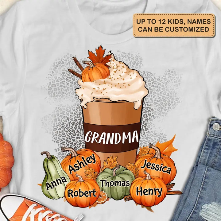Personalized Custom T-shirt - Fall, Mother's Day Gift For Mom, Grandma - Grandma Mom Pumpkin Spice Latte Fall
