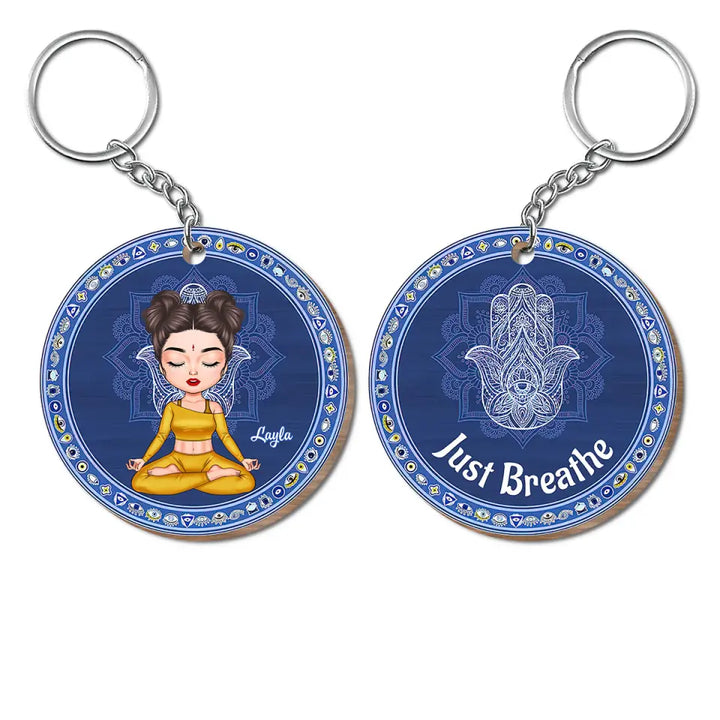 Personalized Custom Wooden Keychain - Birthday Gift For Yoga Lover - Just Breathe