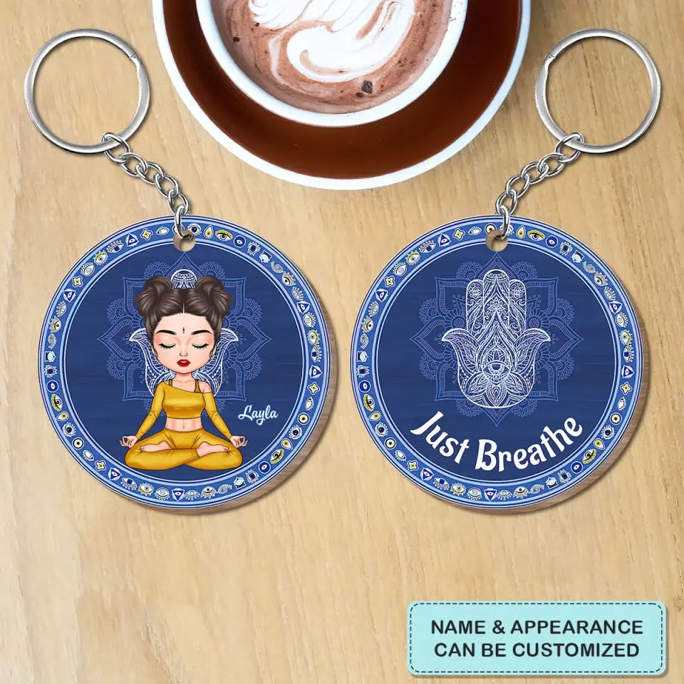Personalized Custom Wooden Keychain - Birthday Gift For Yoga Lover - Just Breathe