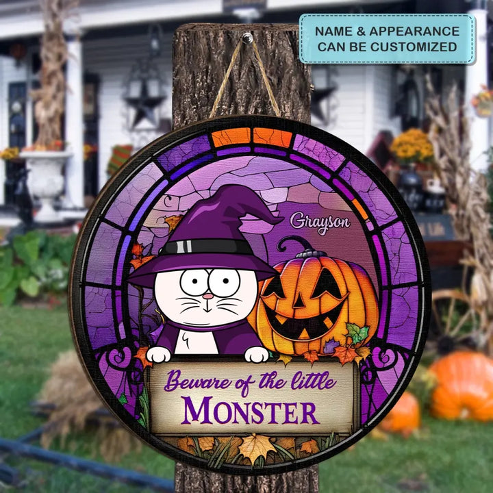 Beware Of The Little Monster - Personalized Custom Door Sign - Halloween Gift For Cat Lover, Cat Mom, Cat Dad