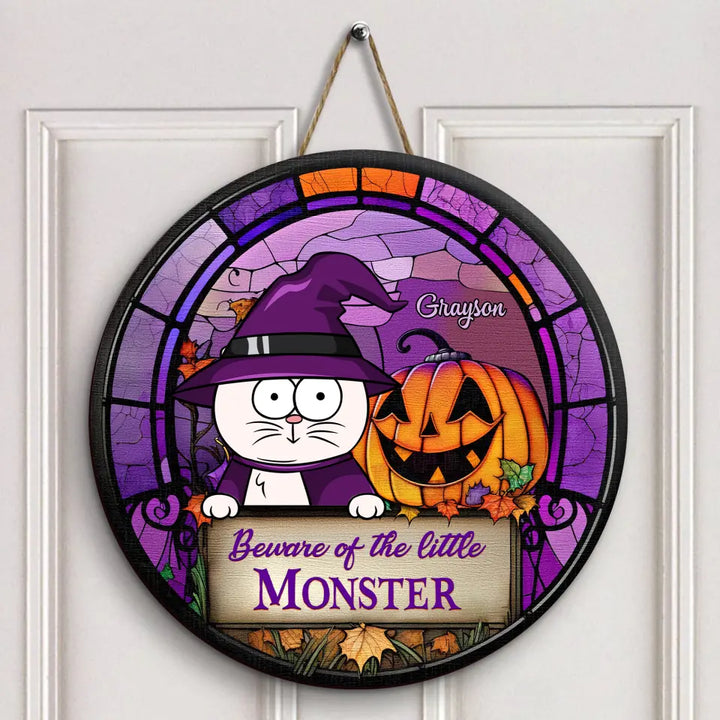 Beware Of The Little Monster - Personalized Custom Door Sign - Halloween Gift For Cat Lover, Cat Mom, Cat Dad