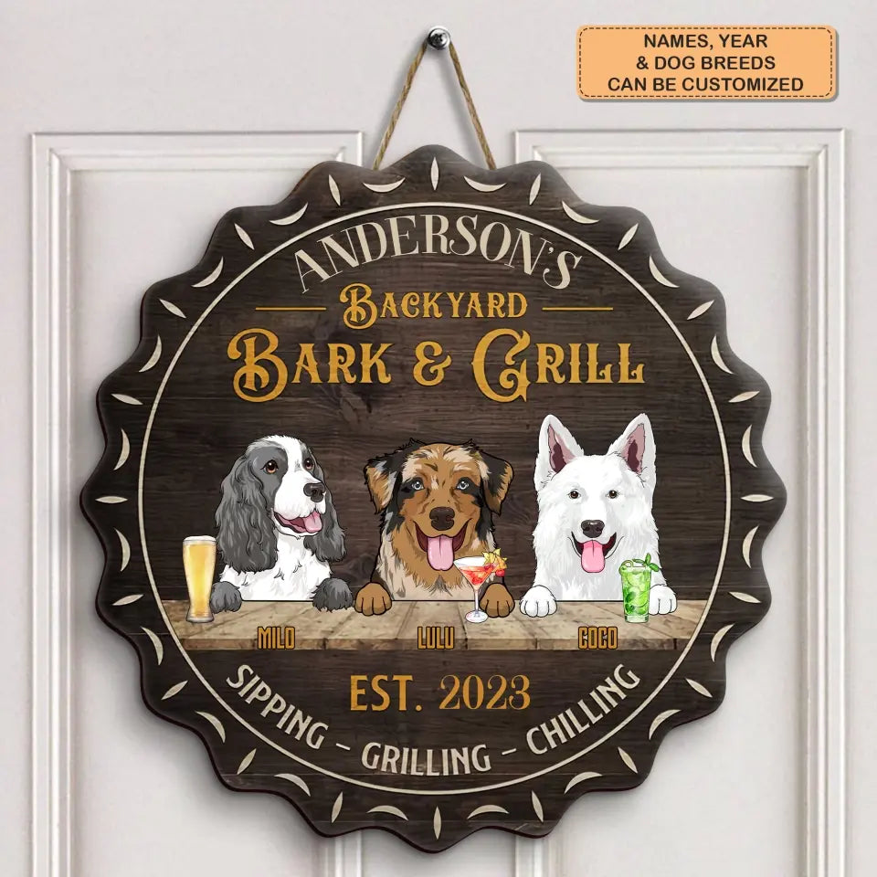 Personalized Custom Door Sign - Welcoming Gift For Dog Lover, Dog Mom, Dog Dad - Bark & Grill