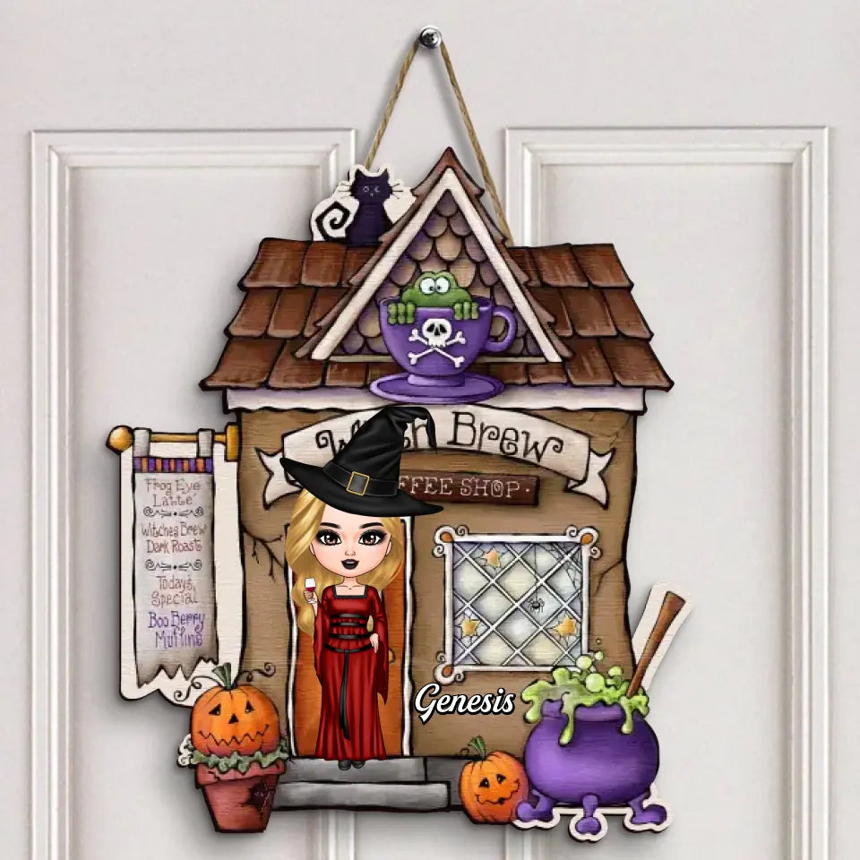Personalized Door Sign - Halloween Gift For Friends, Family Members - Witch Brew Coffee Shop