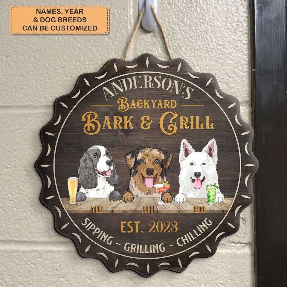 Personalized Custom Door Sign - Welcoming Gift For Dog Lover, Dog Mom, Dog Dad - Bark & Grill