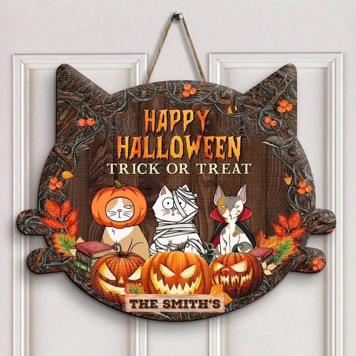 Personalized Custom Door Sign - Halloween Gift For Cat Mom, Cat Dad, Cat Lover, Cat Owner - Happy Halloween Trick Or Treat