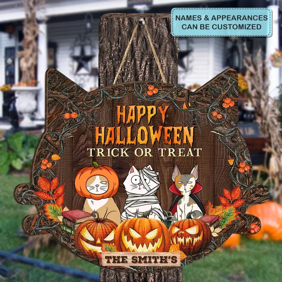 Personalized Custom Door Sign - Halloween Gift For Cat Mom, Cat Dad, Cat Lover, Cat Owner - Happy Halloween Trick Or Treat