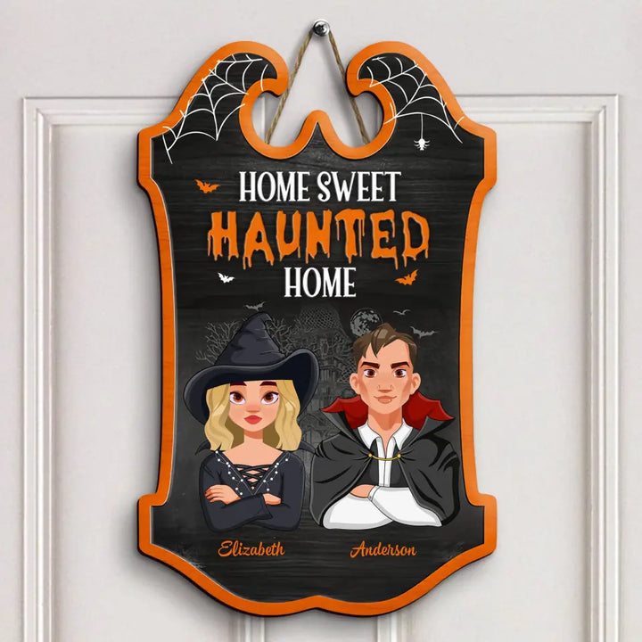Personalized Custom Door Sign - Home Decor, Halloween Gift For Couple, Husband, Wife - Sweet Haunted Home