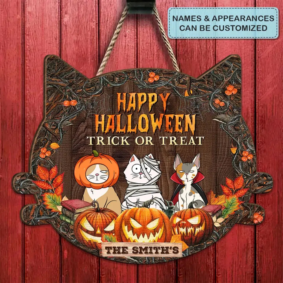 Personalized Custom Door Sign - Halloween Gift For Cat Mom, Cat Dad, Cat Lover, Cat Owner - Happy Halloween Trick Or Treat
