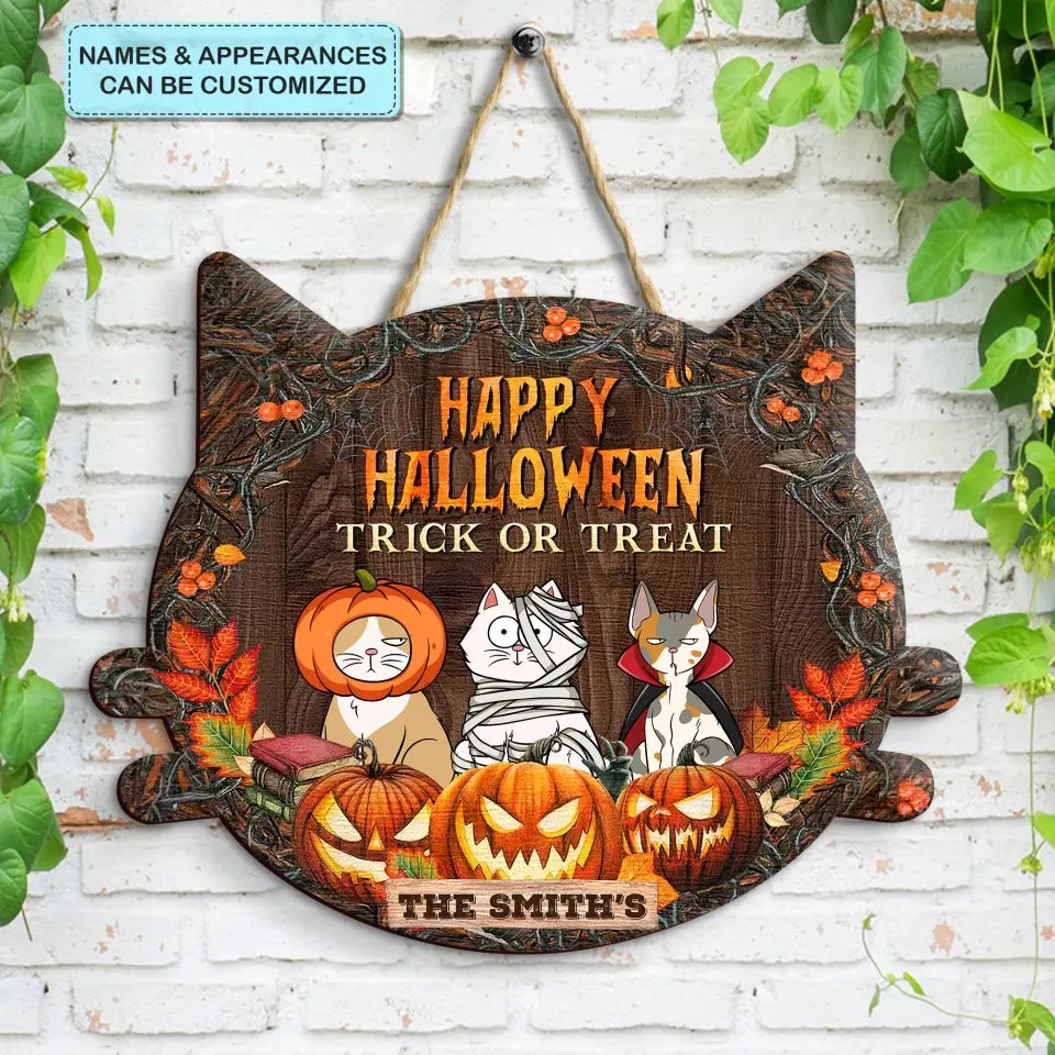 Personalized Custom Door Sign - Halloween Gift For Cat Mom, Cat Dad, Cat Lover, Cat Owner - Happy Halloween Trick Or Treat