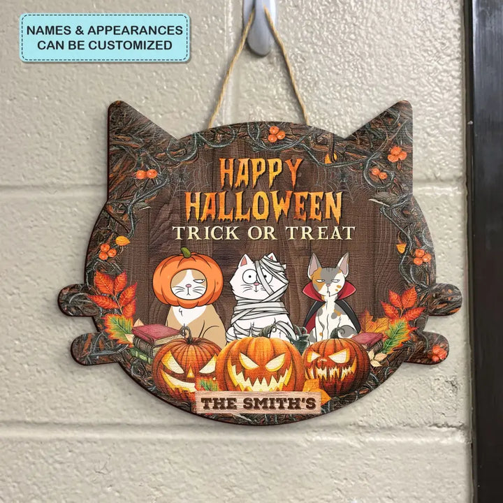 Personalized Custom Door Sign - Halloween Gift For Cat Mom, Cat Dad, Cat Lover, Cat Owner - Happy Halloween Trick Or Treat
