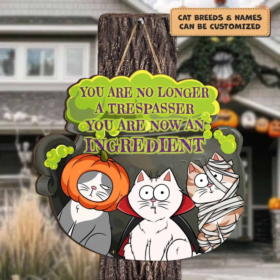 Personalized Custom Door Sign - Halloween Gift For Cat Mom, Cat Dad, Cat Lover, Cat Owner - You Are No Longer A Trespasser You Are Now An Ingredient