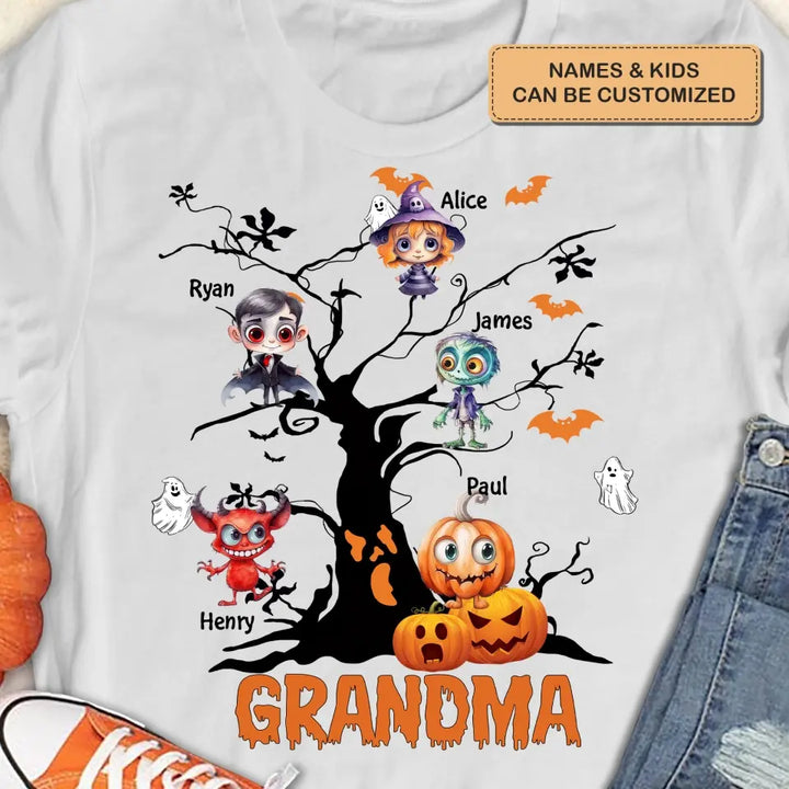 Personalized Custom T-shirt - Halloween Gift For Grandma, Mom, Dad - Halloween Monsters Kid Tree