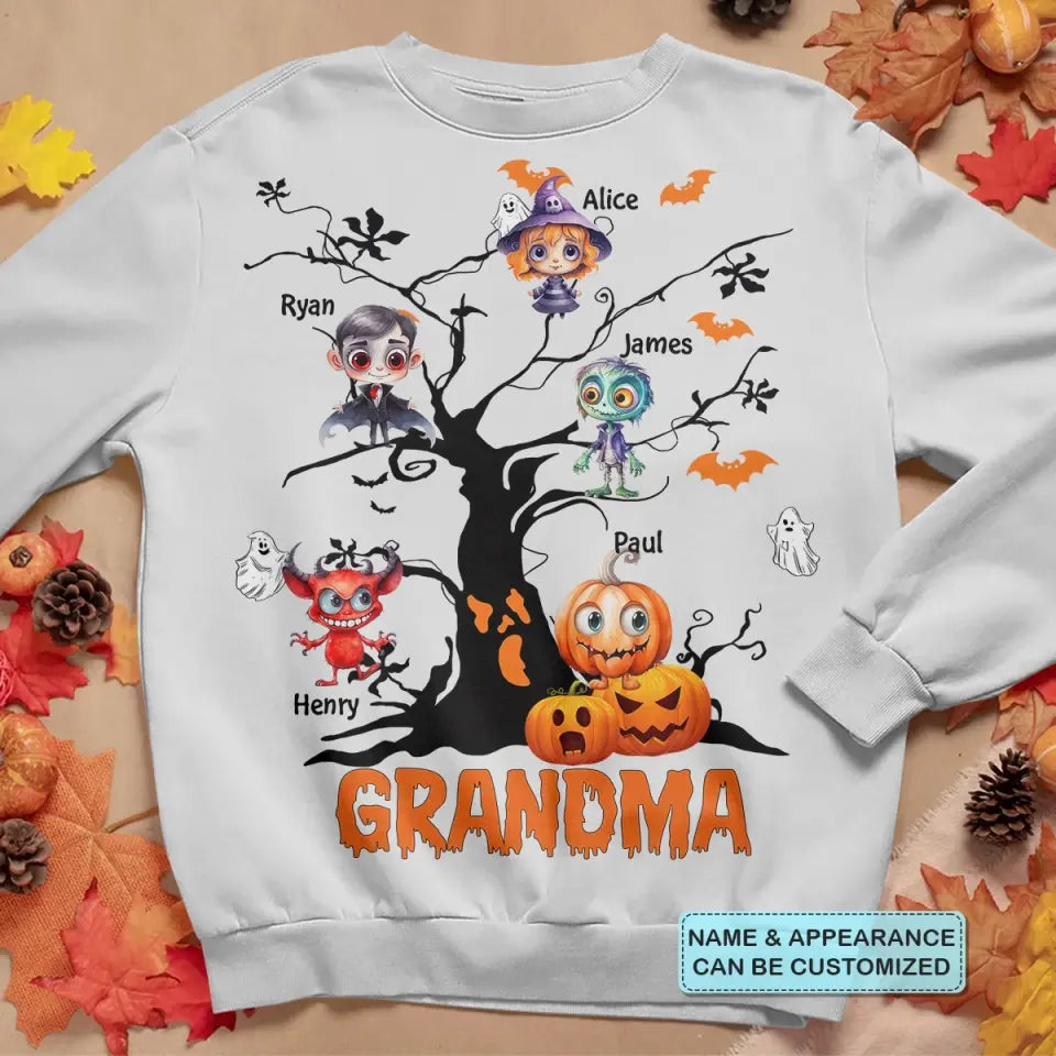 Personalized Custom T-shirt - Halloween Gift For Grandma, Mom, Dad - Halloween Monsters Kid Tree
