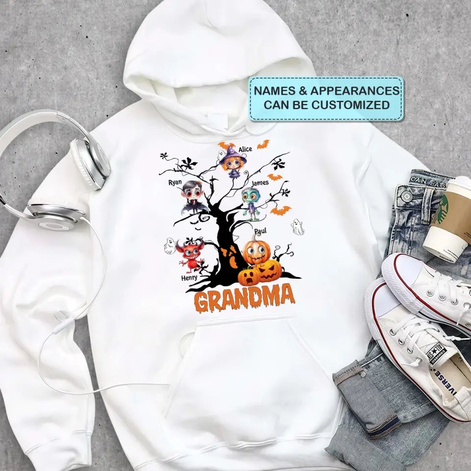 Personalized Custom T-shirt - Halloween Gift For Grandma, Mom, Dad - Halloween Monsters Kid Tree