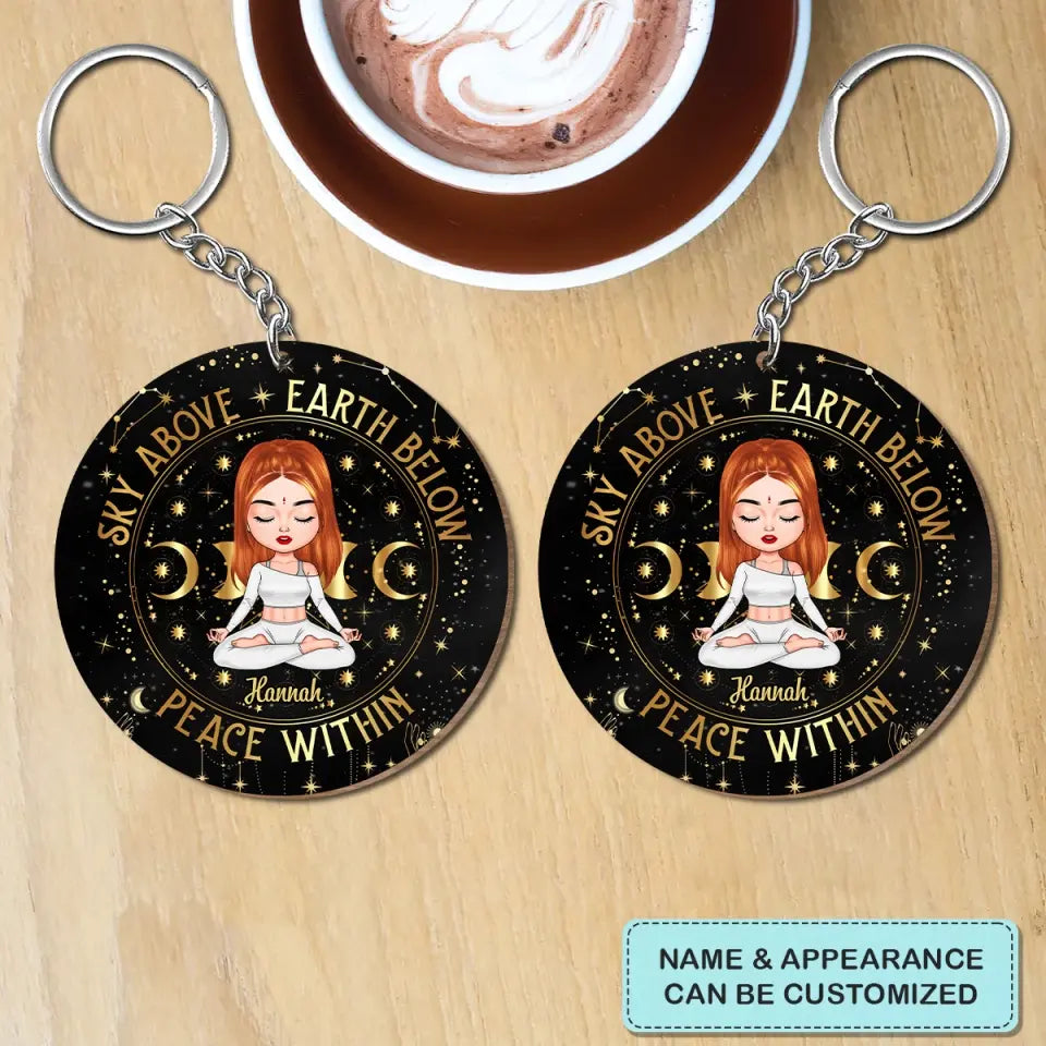 Personalized Custom Wooden Keychain - Gift For Yoga Lover - Sky Above Earth Below Peace Within