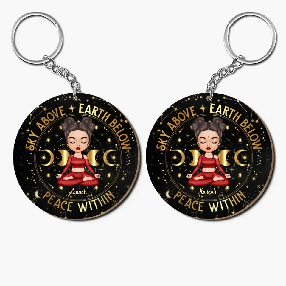 Personalized Custom Wooden Keychain - Gift For Yoga Lover - Sky Above Earth Below Peace Within