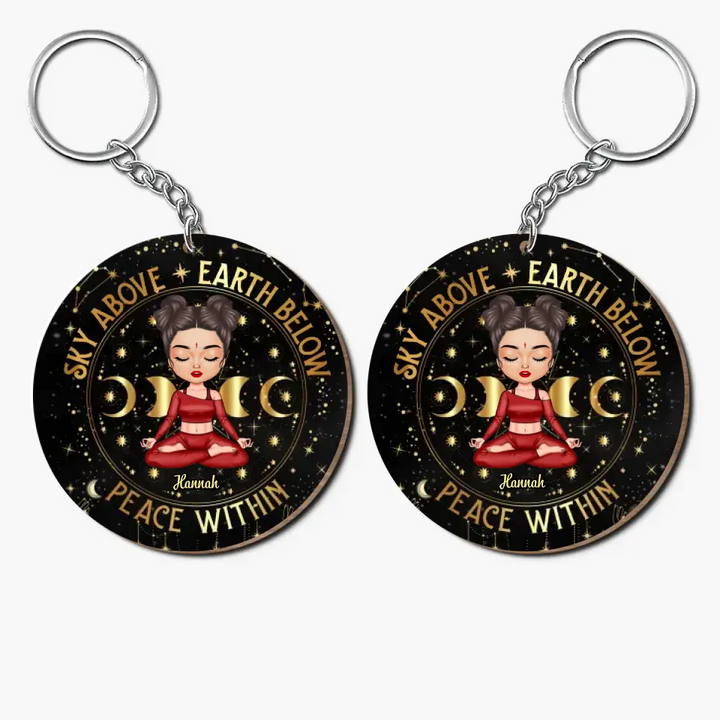 Personalized Custom Wooden Keychain - Gift For Yoga Lover - Sky Above Earth Below Peace Within