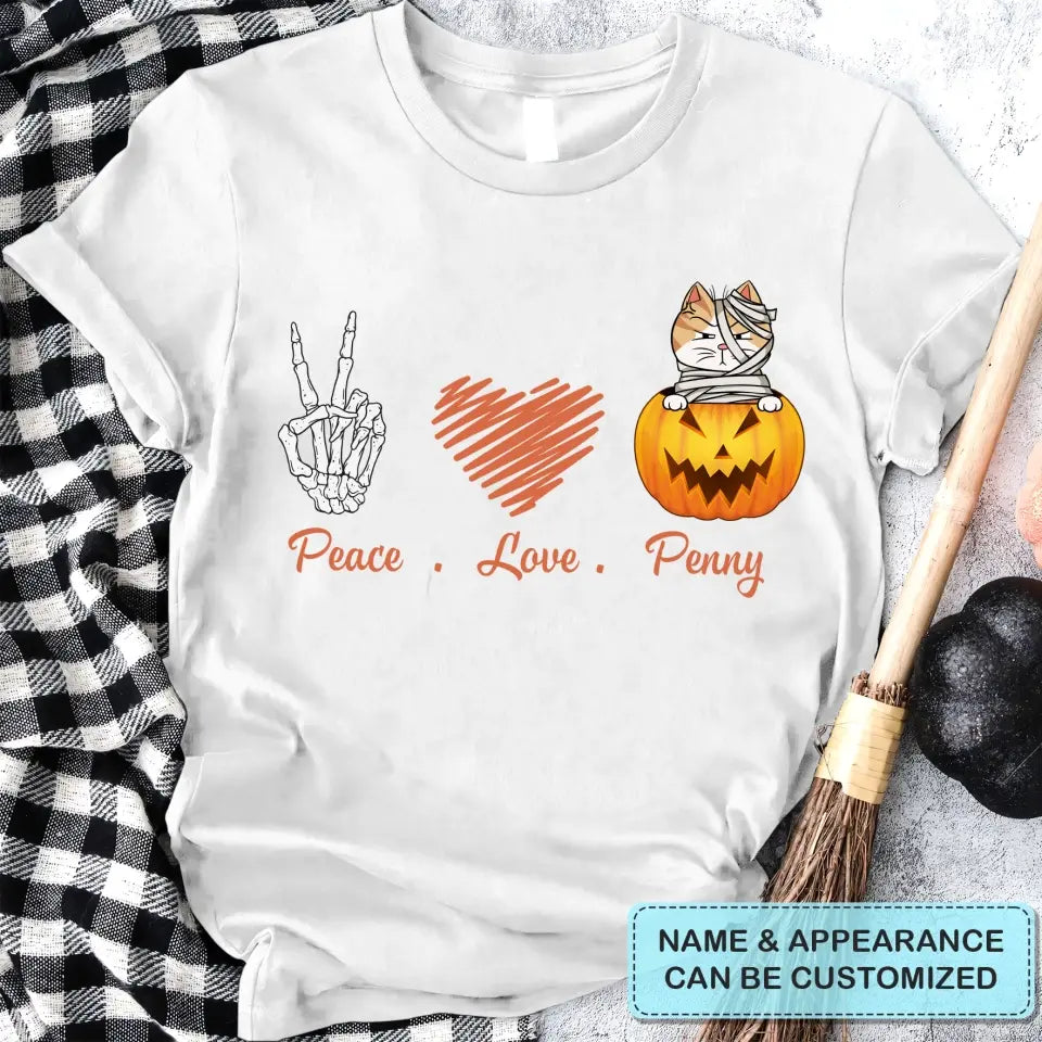 Personalized Custom T-shirt - Halloween Gift For Cat, Dog Lover - Peace Love Pumpkin