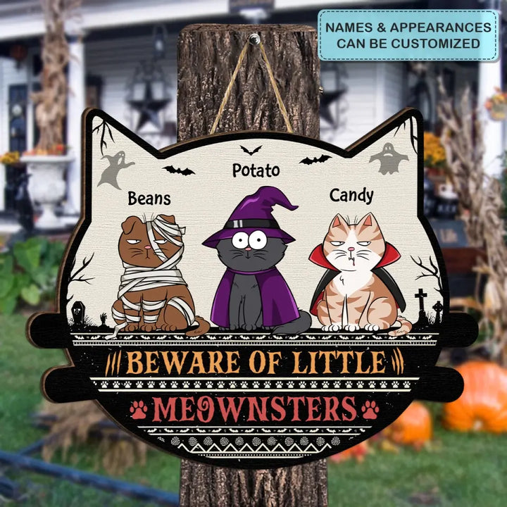 Personalized Custom Door Sign - Halloween Gift For Cat Lover, Cat Mom, Cat Dad, Cat Parents - Beware Of Little Meownsters
