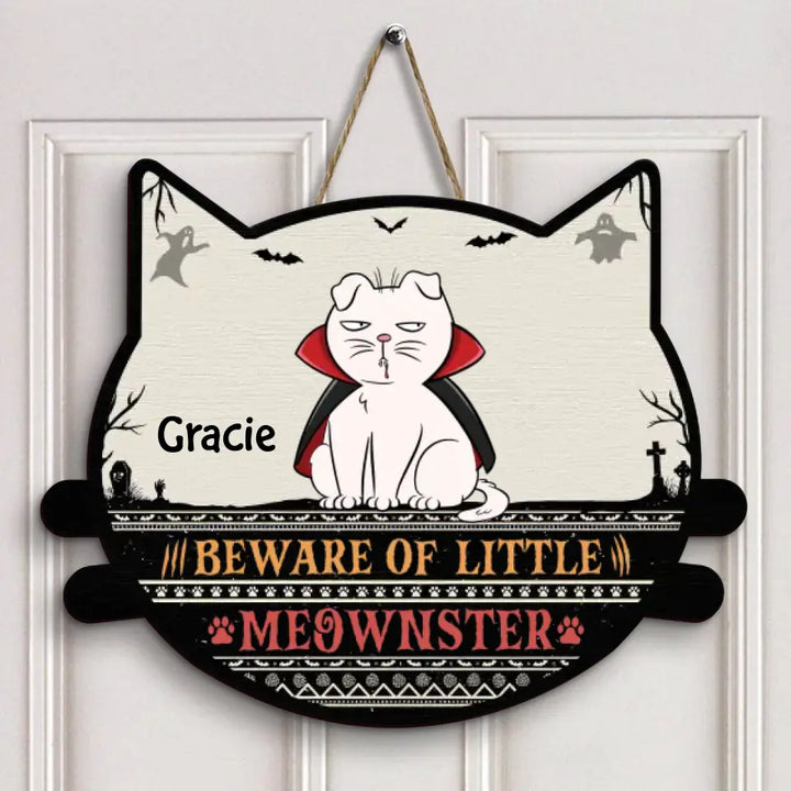 Personalized Custom Door Sign - Halloween Gift For Cat Lover, Cat Mom, Cat Dad, Cat Parents - Beware Of Little Meownsters