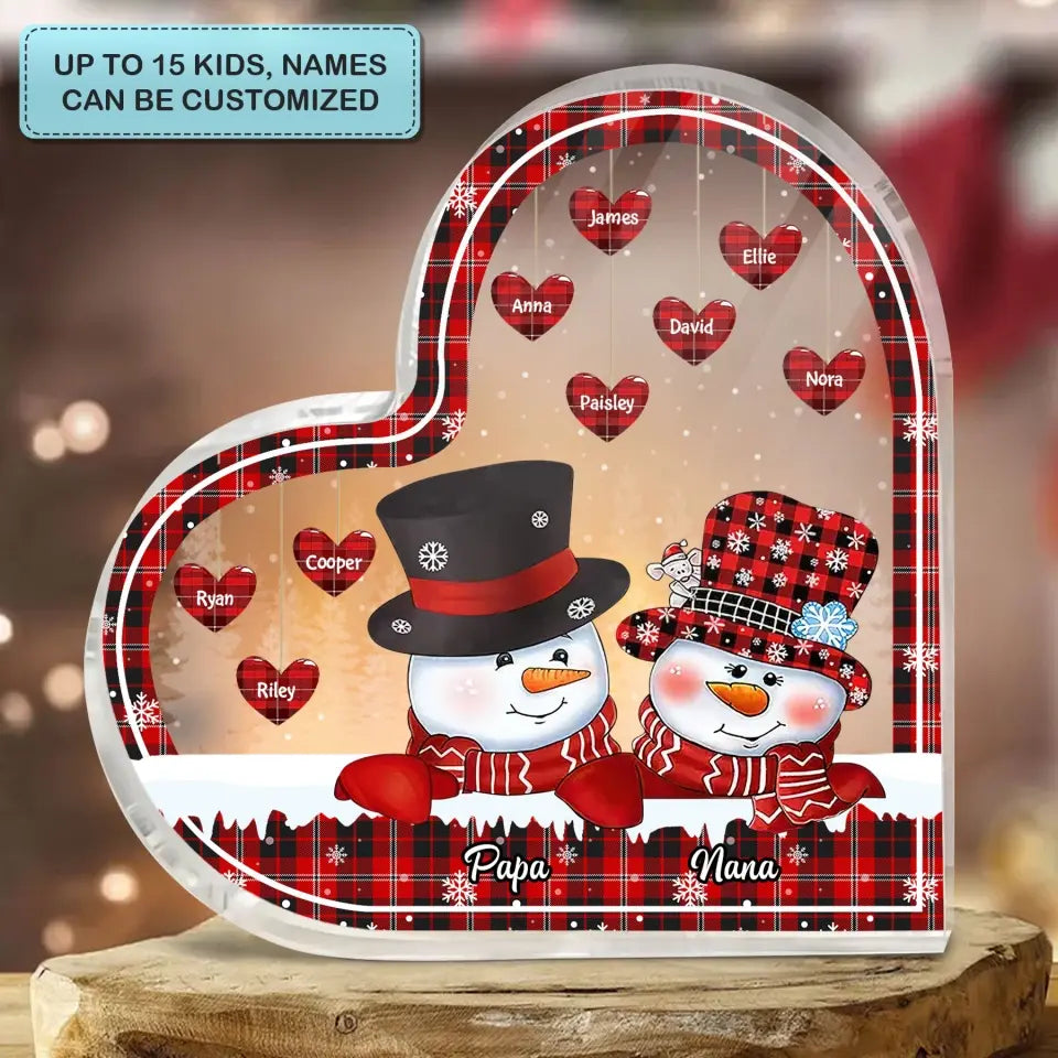 Personalized Custom Heart-shaped Acrylic Plaque - Christmas Gift For Grandpa, Grandma, Grandkid - Papa, Nana Snowman Christmas