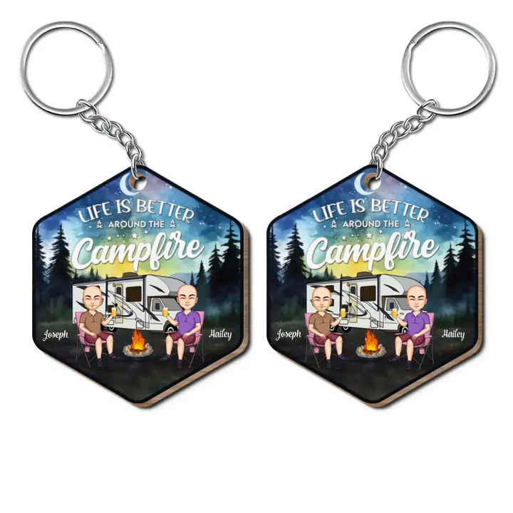 Life Is Better Around The Campfire - Personalized Custom Wooden Keychain - Anniversary Gift For Couple