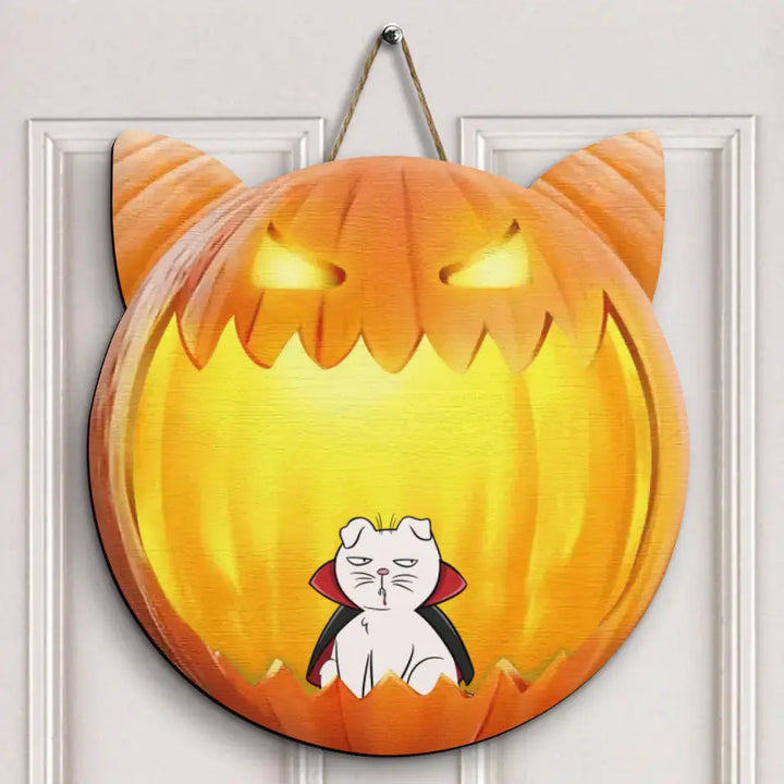 Welcome Foolish Mortals - Personalized Custom Halloween Welcome Sign - Gift For Cat Mom, Cat Dad, Cat Lover, Cat Owner - Pumpkin Signs