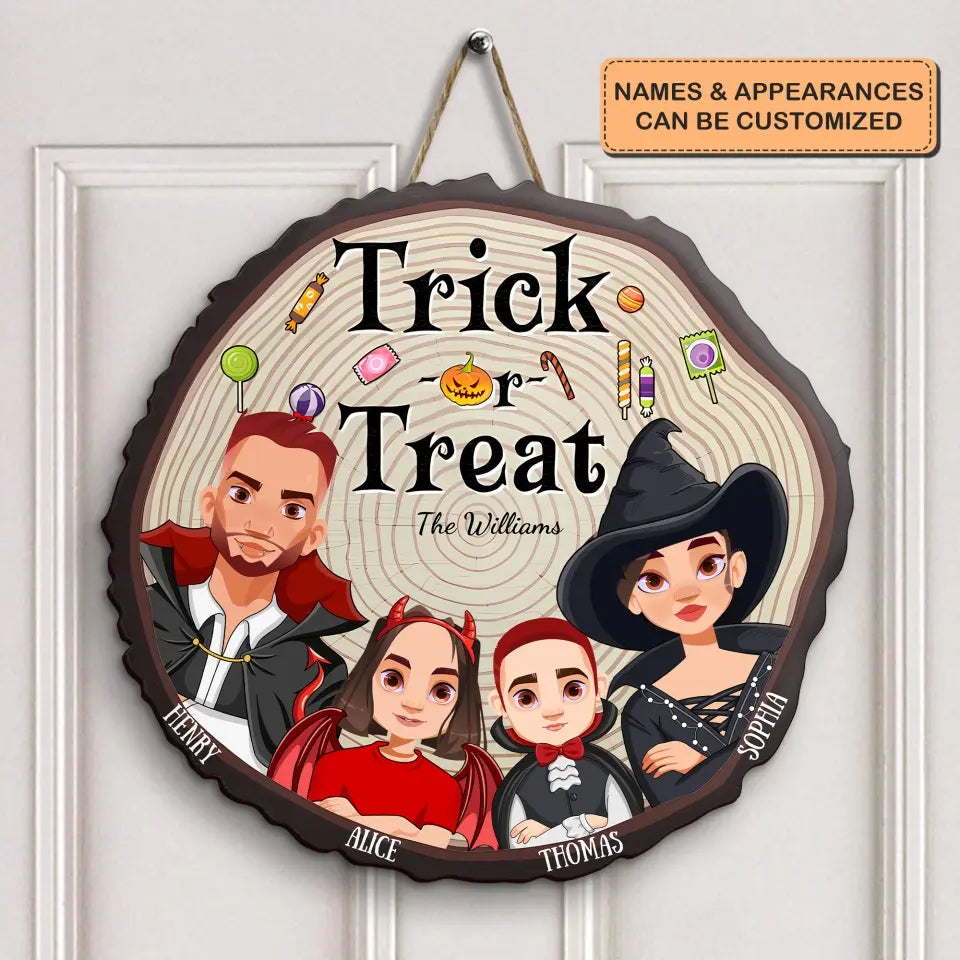 Trick Or Treat - Personalized Custom Door Sign - Halloween Gift For Mom, Dad, Family Member