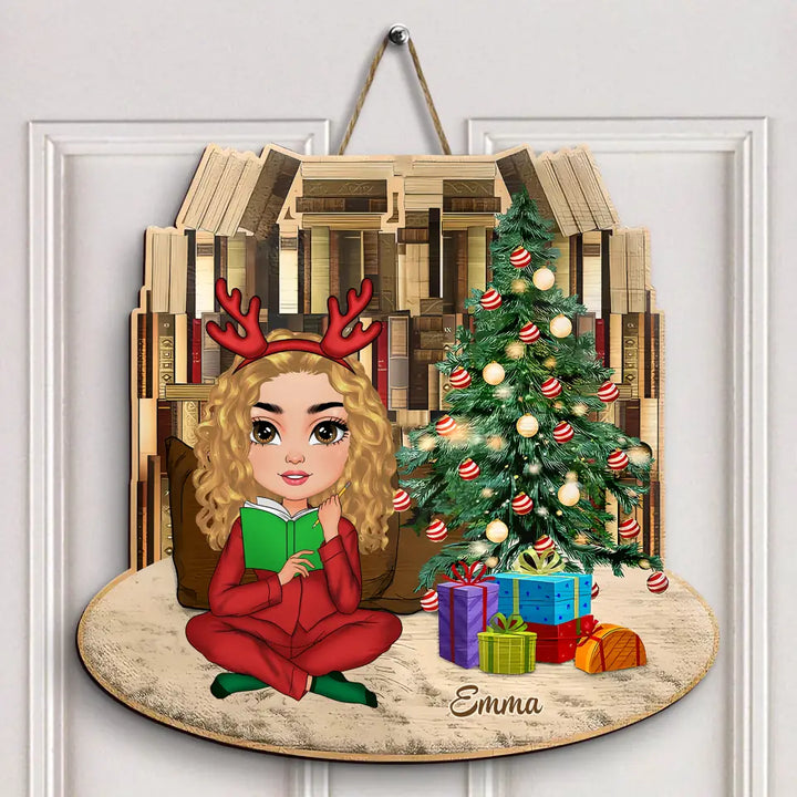Reading Girl Christmas - Personalized Custom Door Sign - Gift For Reading Lover