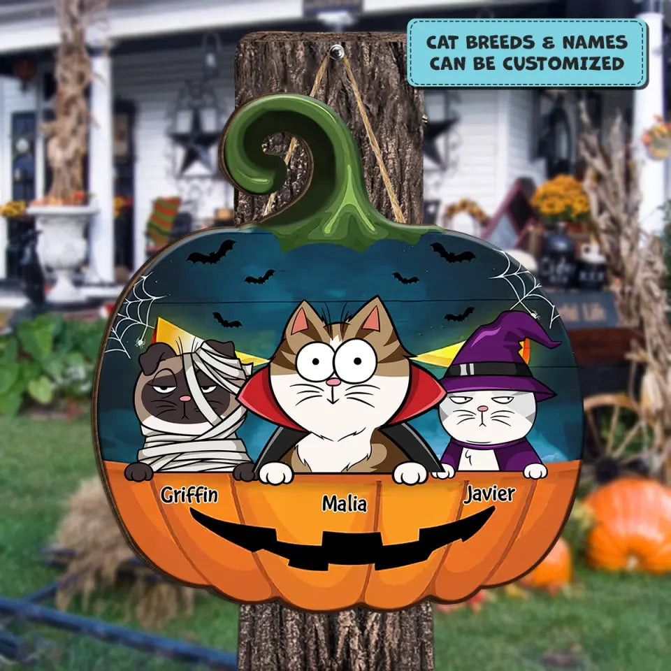 Pumkin Cat Halloween Door Sign - Personalized Custom Door Sign - Halloween Gift For Cat Mom, Cat Dad, Cat Lover, Cat Owner