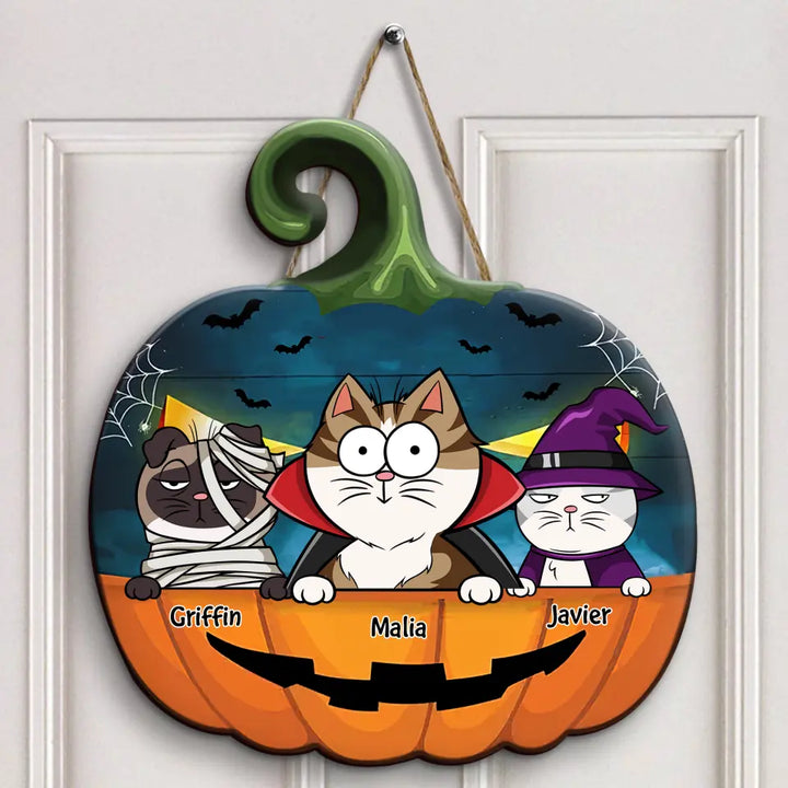 Pumkin Cat Halloween Door Sign - Personalized Custom Door Sign - Halloween Gift For Cat Mom, Cat Dad, Cat Lover, Cat Owner