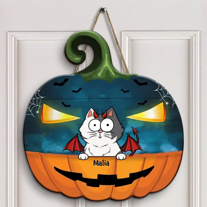 Pumkin Cat Halloween Door Sign - Personalized Custom Door Sign - Halloween Gift For Cat Mom, Cat Dad, Cat Lover, Cat Owner