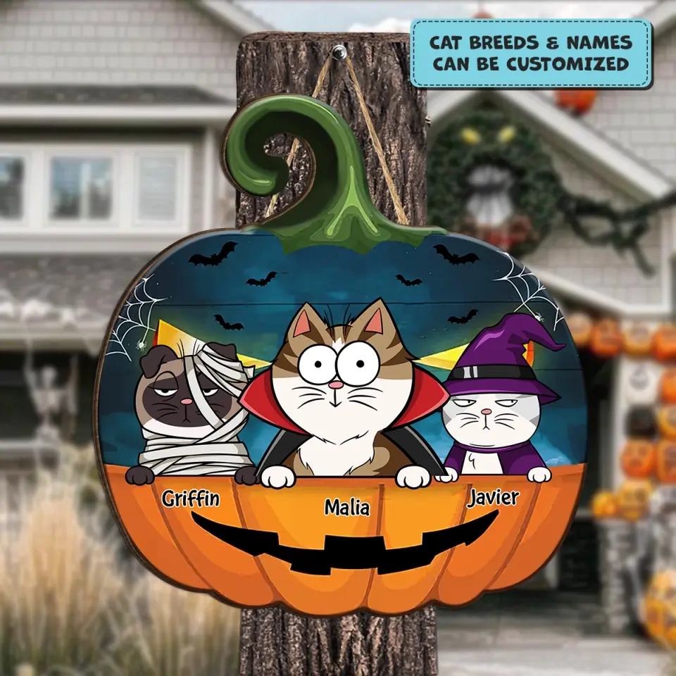 Pumkin Cat Halloween Door Sign - Personalized Custom Door Sign - Halloween Gift For Cat Mom, Cat Dad, Cat Lover, Cat Owner