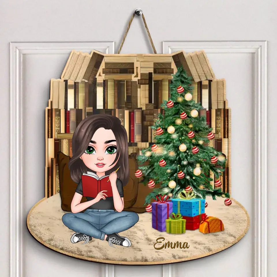 Reading Girl Christmas - Personalized Custom Door Sign - Gift For Reading Lover