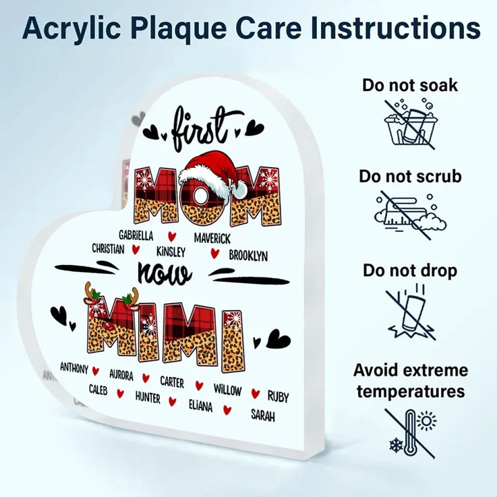 First Mom Now Grandma Christmas Version - Personalized Custom Heart-shaped Acrylic Plaque - Christmas Gift For Grandma, Mom