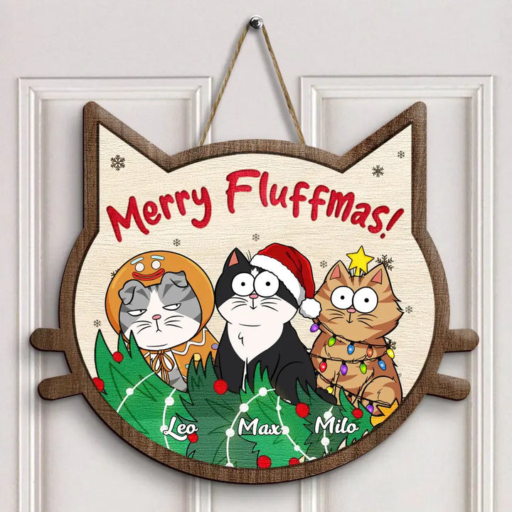 Merry Fluffmas - Personalized Custom Door Sign - Christmas Cat Funny - Gift For Cat Mom, Cat Dad, Cat Lover, Cat Owner